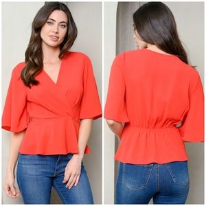 TYCHE Sexy Red Surplice Bell Sleeve Top